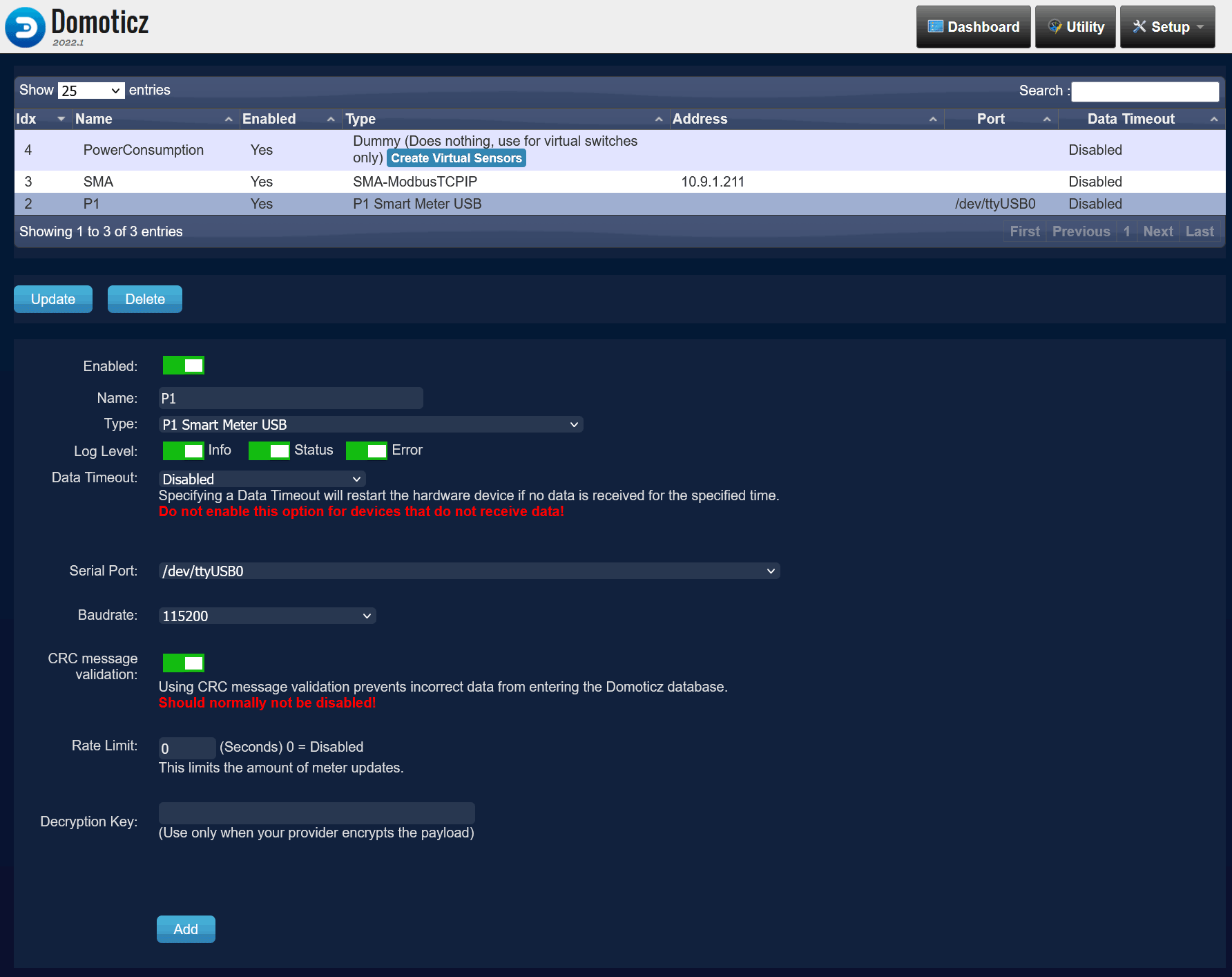Hardware setup in Domoticz